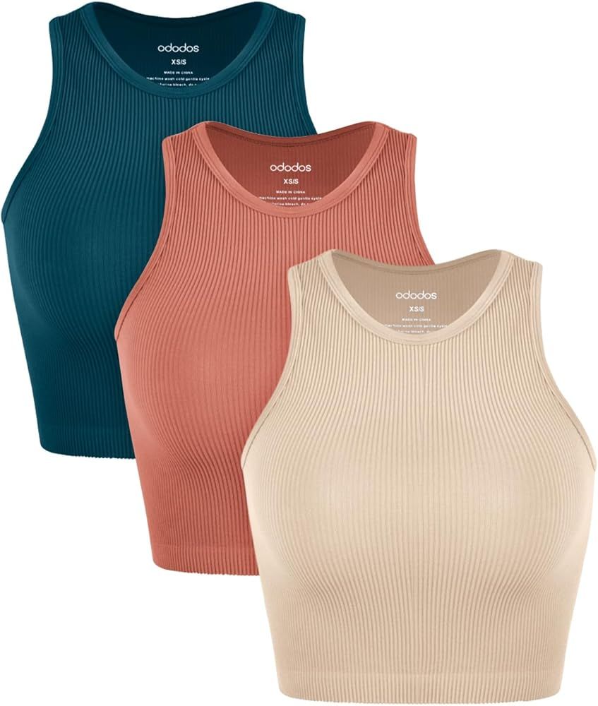 ODODOS 3-Pack Seamless Crop Tank for Women Ribbed Soft High Neck Cropped Tops | Amazon (US)