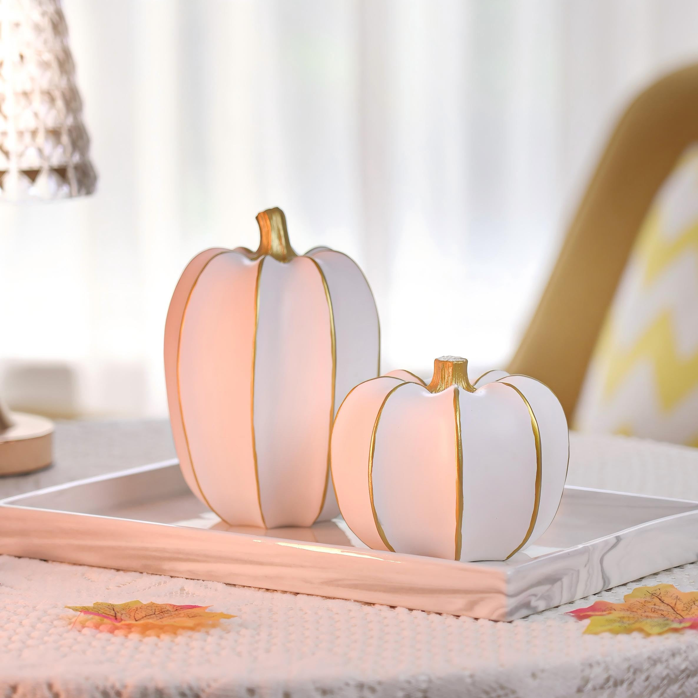 Fall Pumpkin Decor, 2 PCS Resin White and Gold Farmhouse Table Centerpiece, Thanksgiving Fake Pum... | Amazon (US)