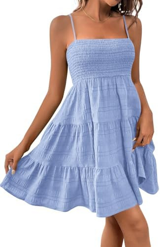 CFLONGE Womens Sleeveless Smocked Mini Dress Flowy Cute Summer Dresses Boho Spaghetti Strap Tiere... | Amazon (US)