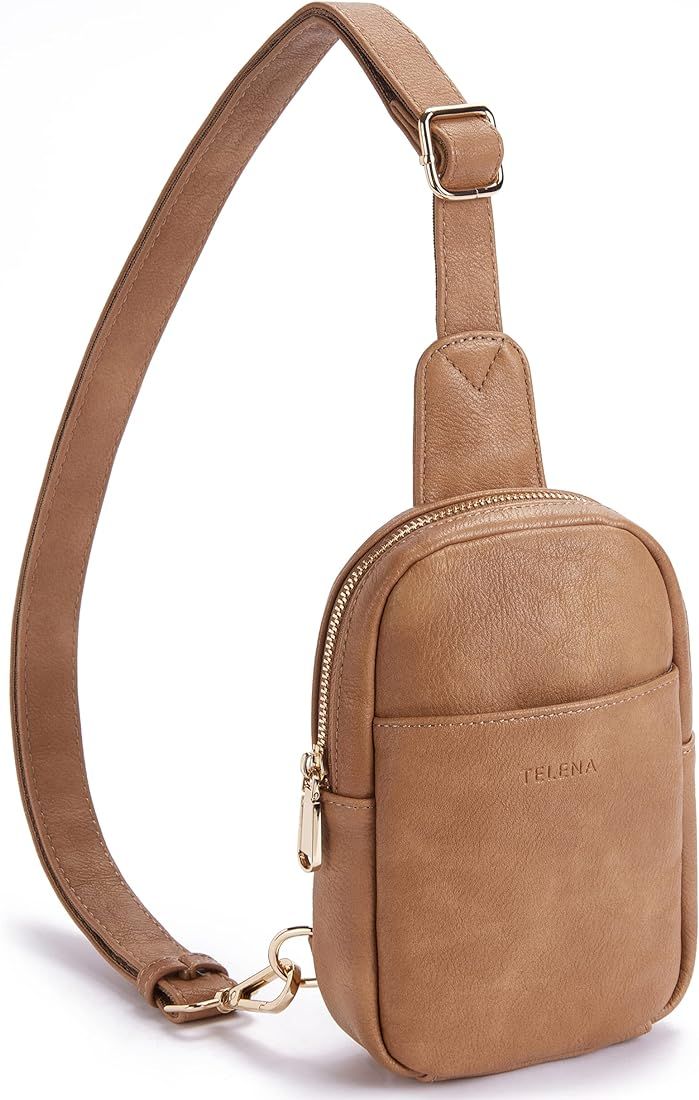 Telena Small Sling Bag for Women Leather Crossbody Fanny Packs Chest Bag for Women Camel Brown | Amazon (CA)