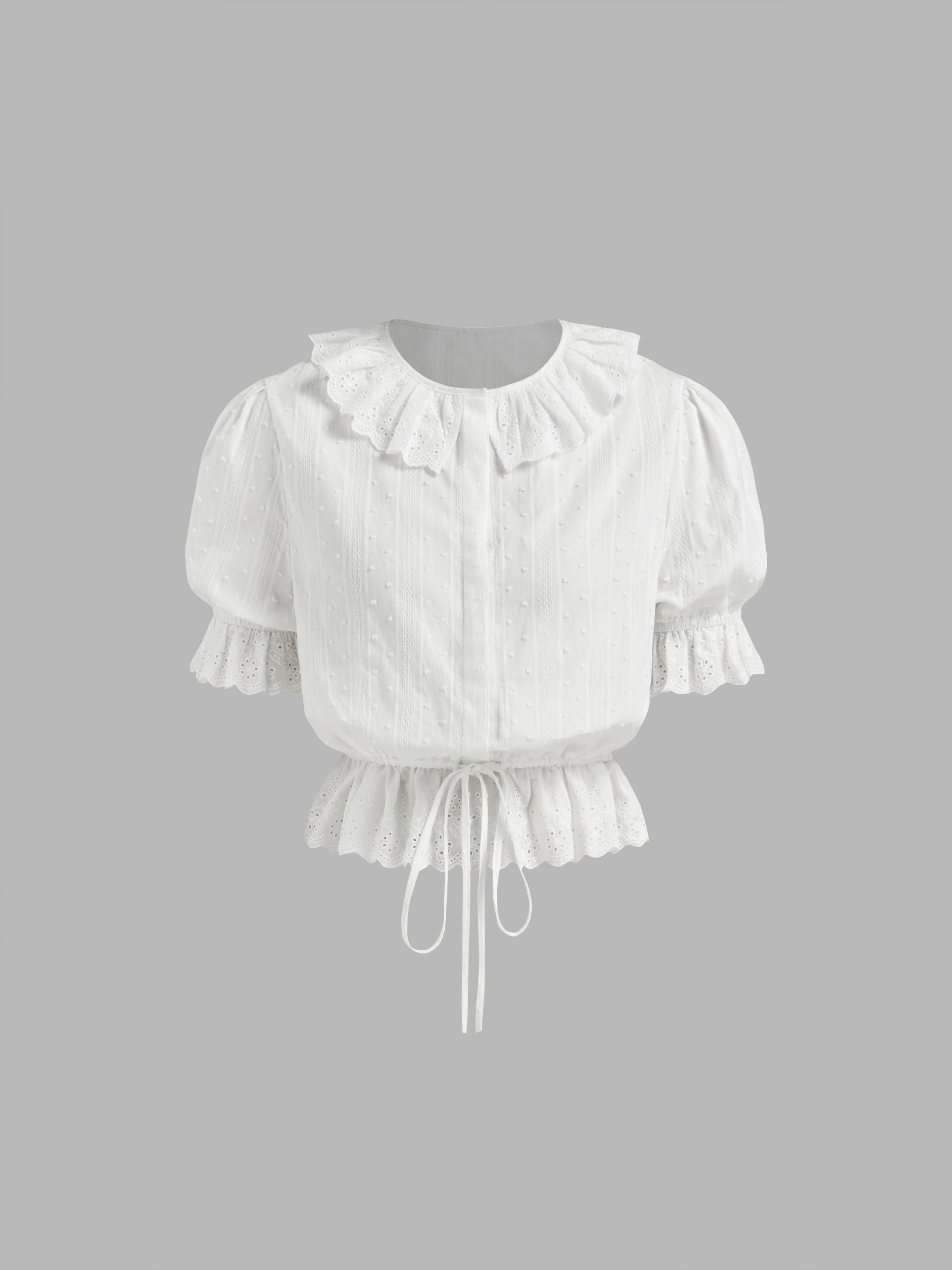 Woven Broderie Anglaise 100% Cotton Drawstring Puff Sleeve Oversized Top For Daily Casual | Cider