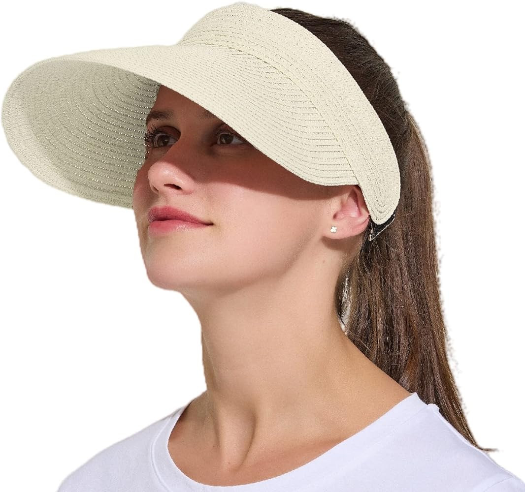 Facecozy Straw Visor for Women Wide Brim Beach Hats Women Foldable Ponytail Summer Sun Hats Women | Amazon (US)