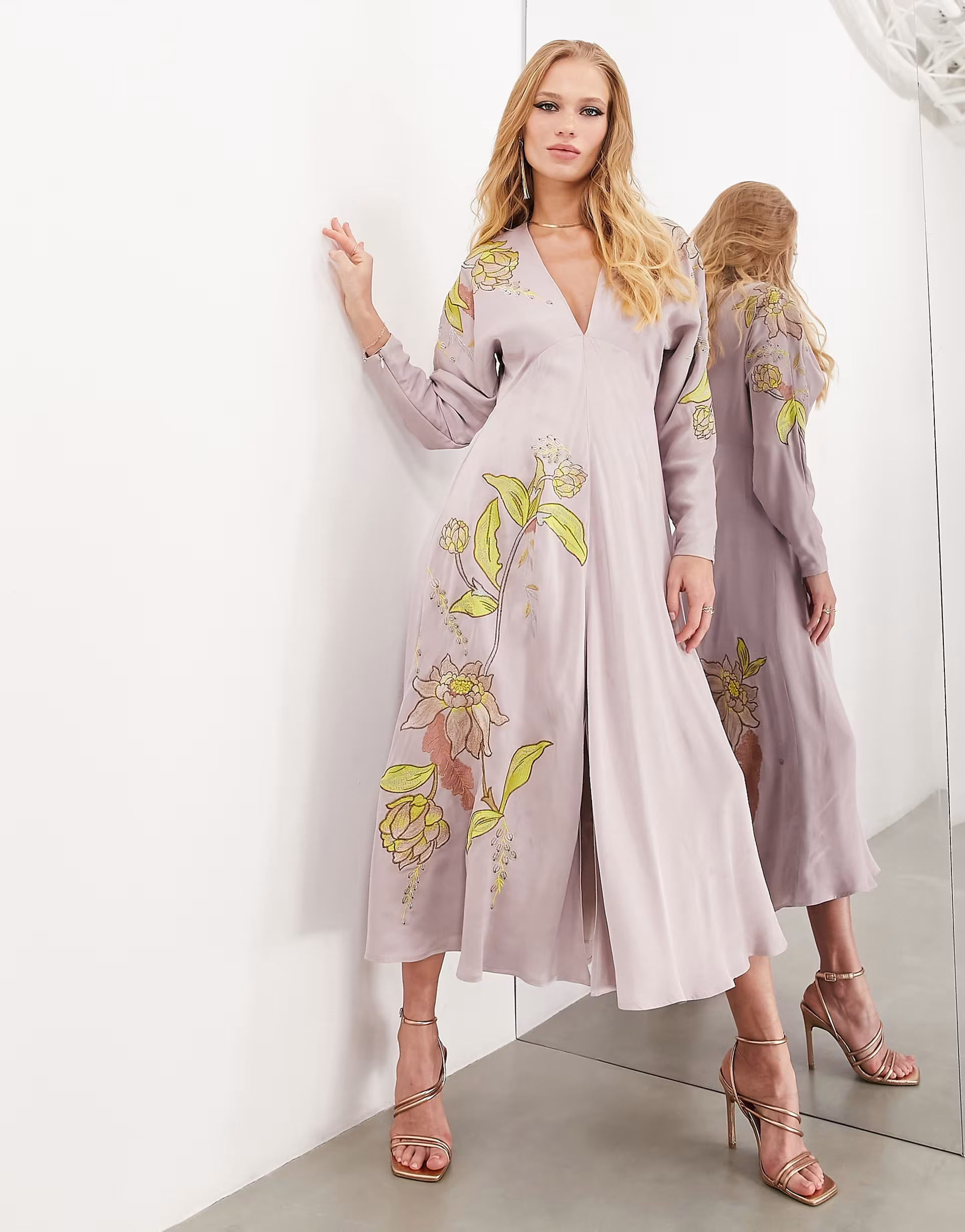 ASOS EDITION satin long sleeve midi dress in floral embroidery in lilac | ASOS (Global)
