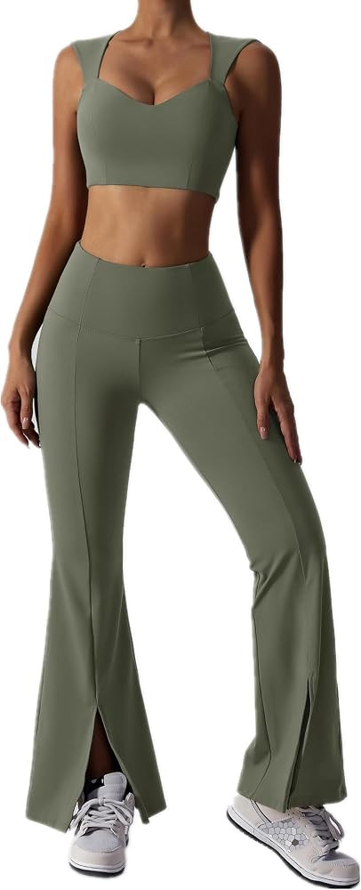 ABOCIW Workout Sets for Women 2 Piece High Waist Flared Leggings Slit Hem V Neck Sports Bra Gym Y... | Amazon (US)