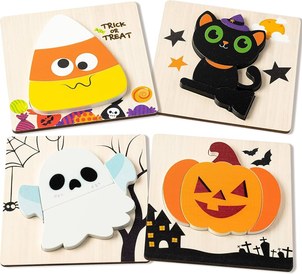 WATINC 4Pcs Halloween Wooden Puzzles for Kids, Pumpkin Ghosts Jigsaw Puzzles Educational Learning... | Amazon (US)