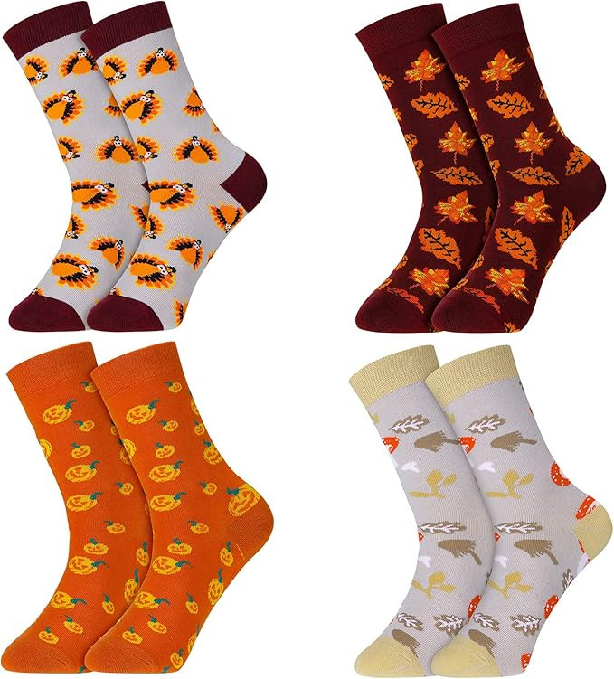 Geyoga 4 Pairs Thanksgiving Socks Autumn Fall Socks Turkey Socks Maple Leaf Socks Pumpkin Mushroo... | Amazon (US)