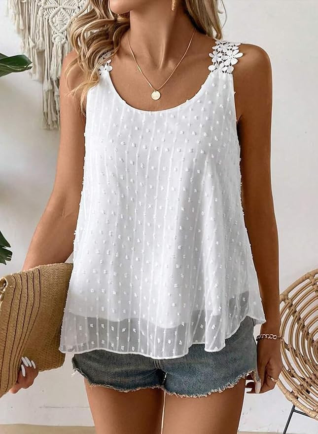 Womens Tank Tops Flowy Sleeveless Summer Boho Tank Top for Women Casual Crewneck Strap Lace Camis... | Amazon (US)