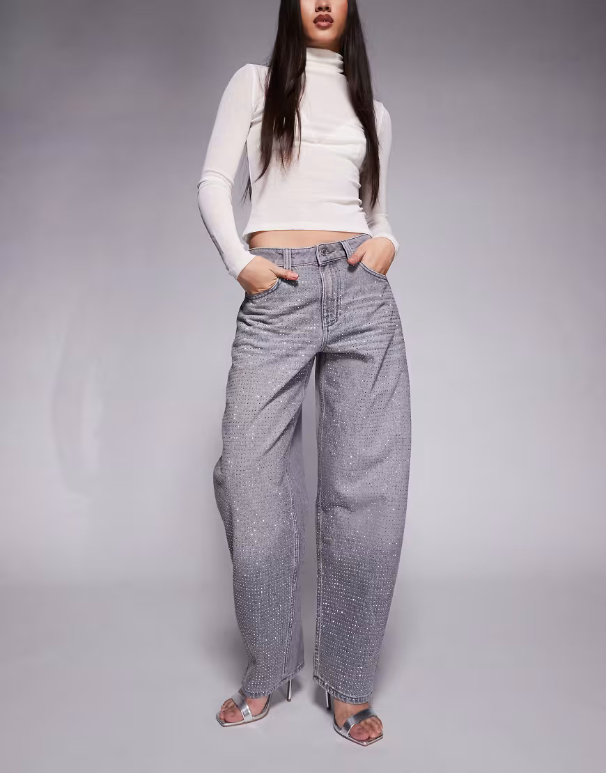 ASOS DESIGN slim barrel jeans in gray with diamante embellished front | ASOS (Global)