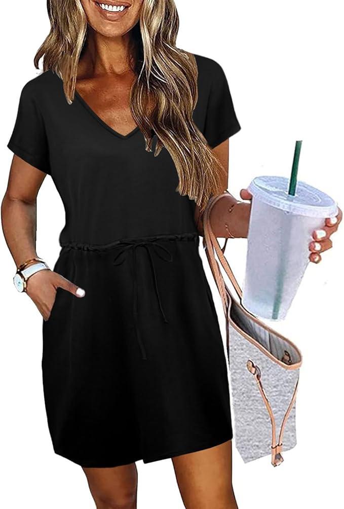 Womens Summer Dresses 2026 Casual Tie Front Short Sleeve A Line Midi Shirt Dress Beach Vacation C... | Amazon (US)