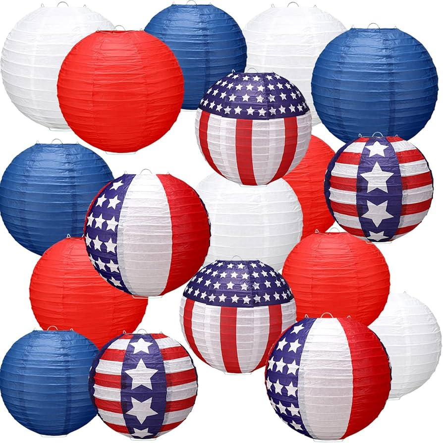18 Pcs Patriotic Hanging Paper Lanterns Red White and Blue Lantern American Flag Hanging Paper La... | Amazon (US)