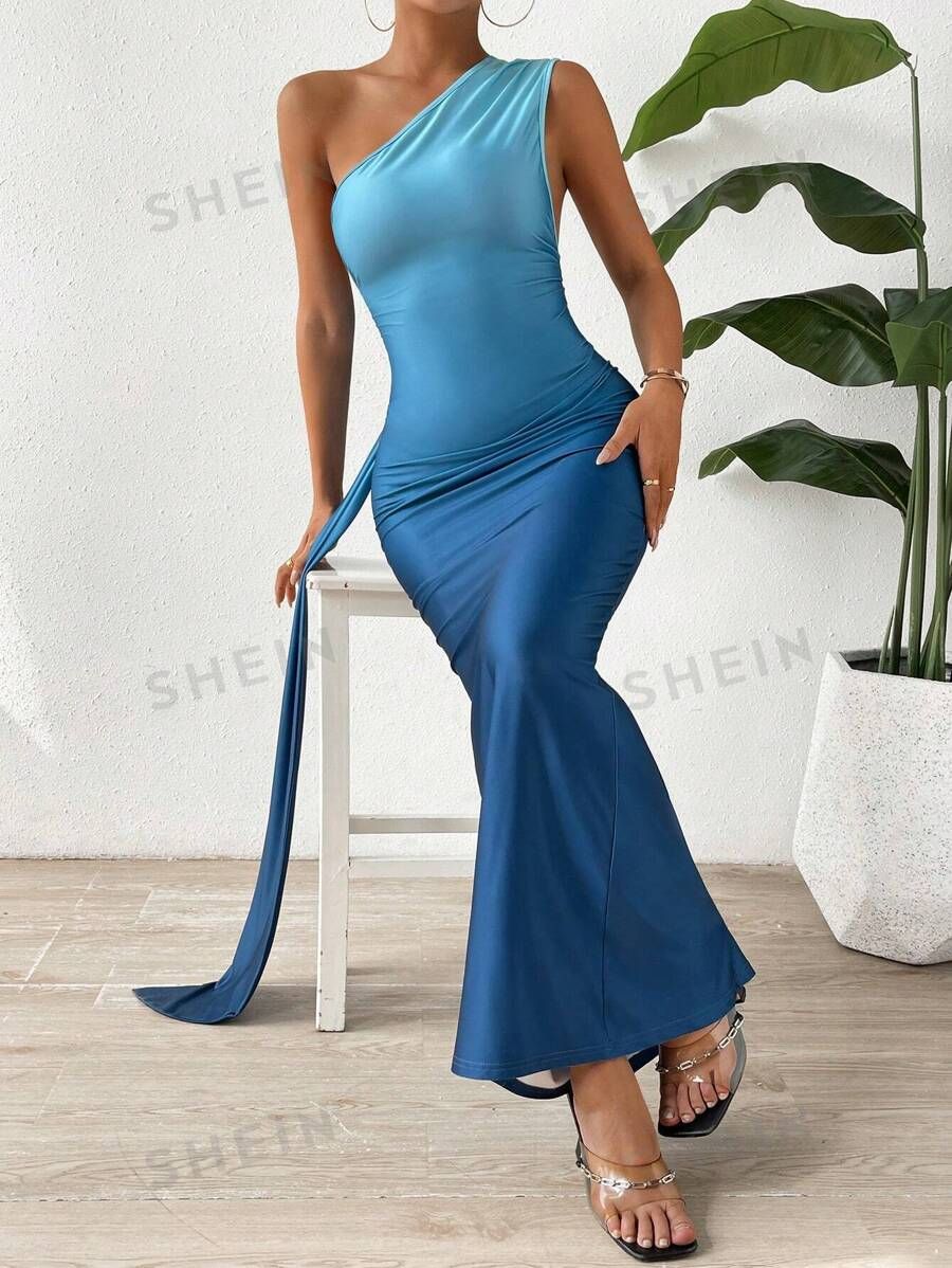 SHEIN Essnce One Shoulder Draped Side Mermaid Hem Dress | SHEIN