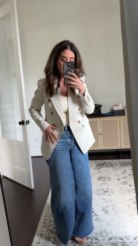 Beige structured blazer and wide leg jeans. I cut the bottoms of the jeans since I’m 5’4 and the 4 regular were too long. The jeans gave a stretch to them 

#LTKFindsUnder50 #LTKOver40 #LTKVideo