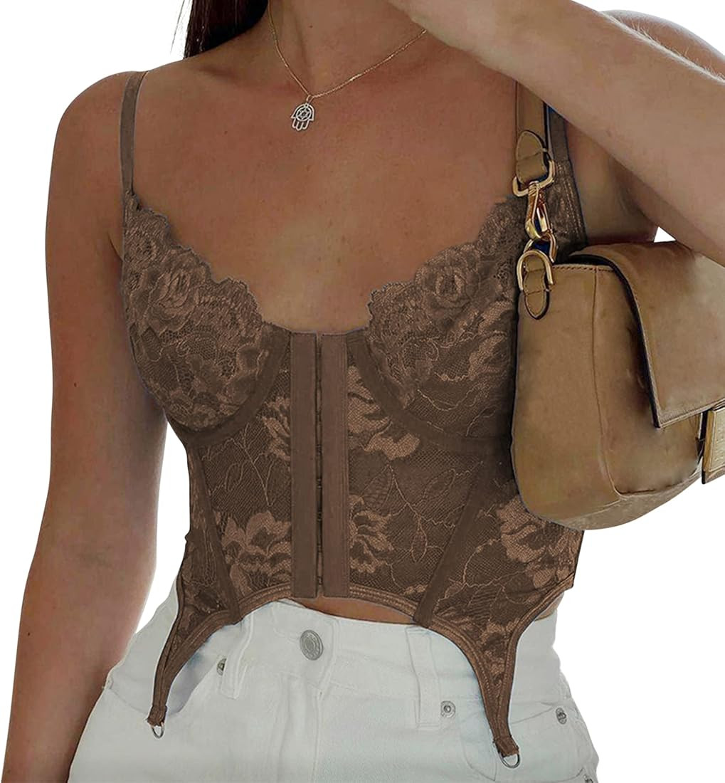 SAFRISIOR Sexy Lace Floral Garter Corset Top Hook and Eye Bustier Corset Criss Cross Back Crop Tank  | Amazon (US)