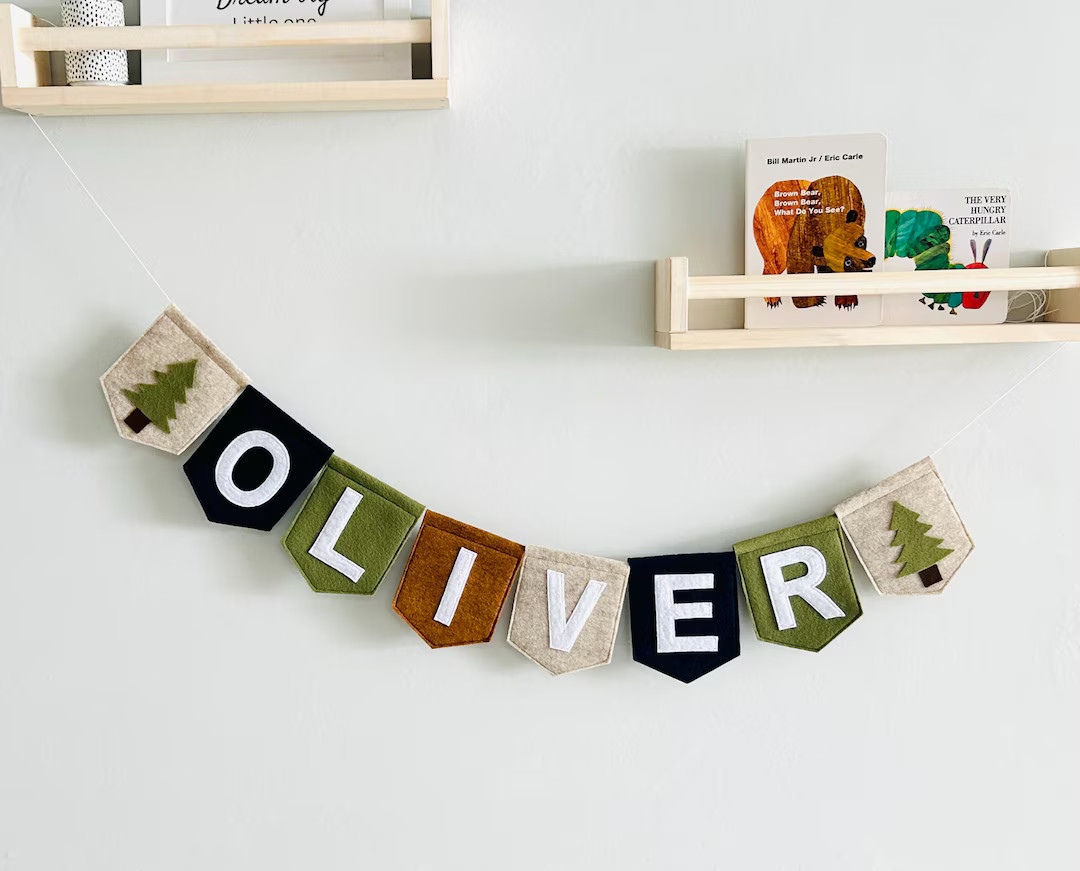 Woodland Name Bunting, Felt Name Banner With Custom Text, Baby Boy Name Banner for Nursery Decor,... | Etsy (US)
