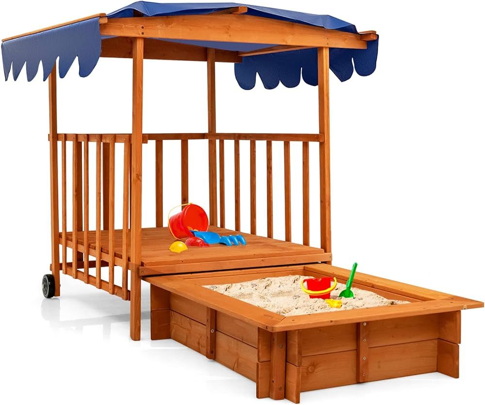 Costzon Kids Retractable Sandbox with Canopy, Wooden Cedar Cabana Playhouse with Large Play Area,... | Amazon (US)