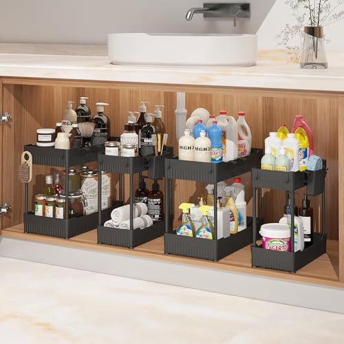 Sevenblue 4 Pack Under Sink Organizers and Storage,Under Bathroom Cabinet Organizer with Hooks Hanging Cup,Multi-Purpose Storage Shelf for Kitchen Bathroom,Black (4 Pack Black) | Amazon (US)