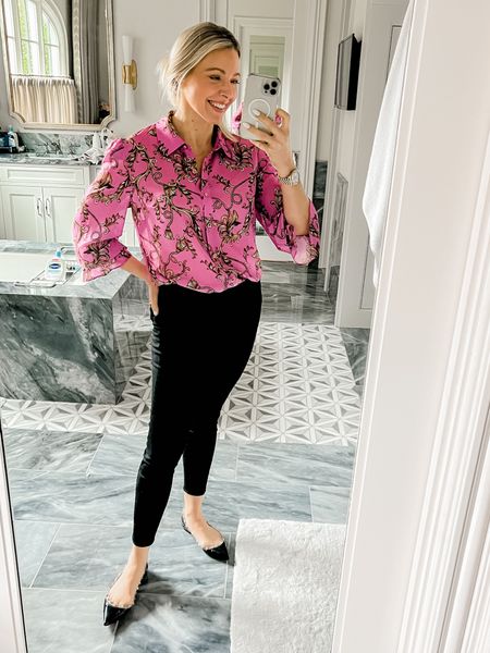 Milly pink printed blouse, Lagence black skinny jeans, Valentino black flats with rock stud detail. Work outfit or dressy casual look! All true to size. Gift card with purchase!

#LTKshoecrush #LTKSale #LTKworkwear