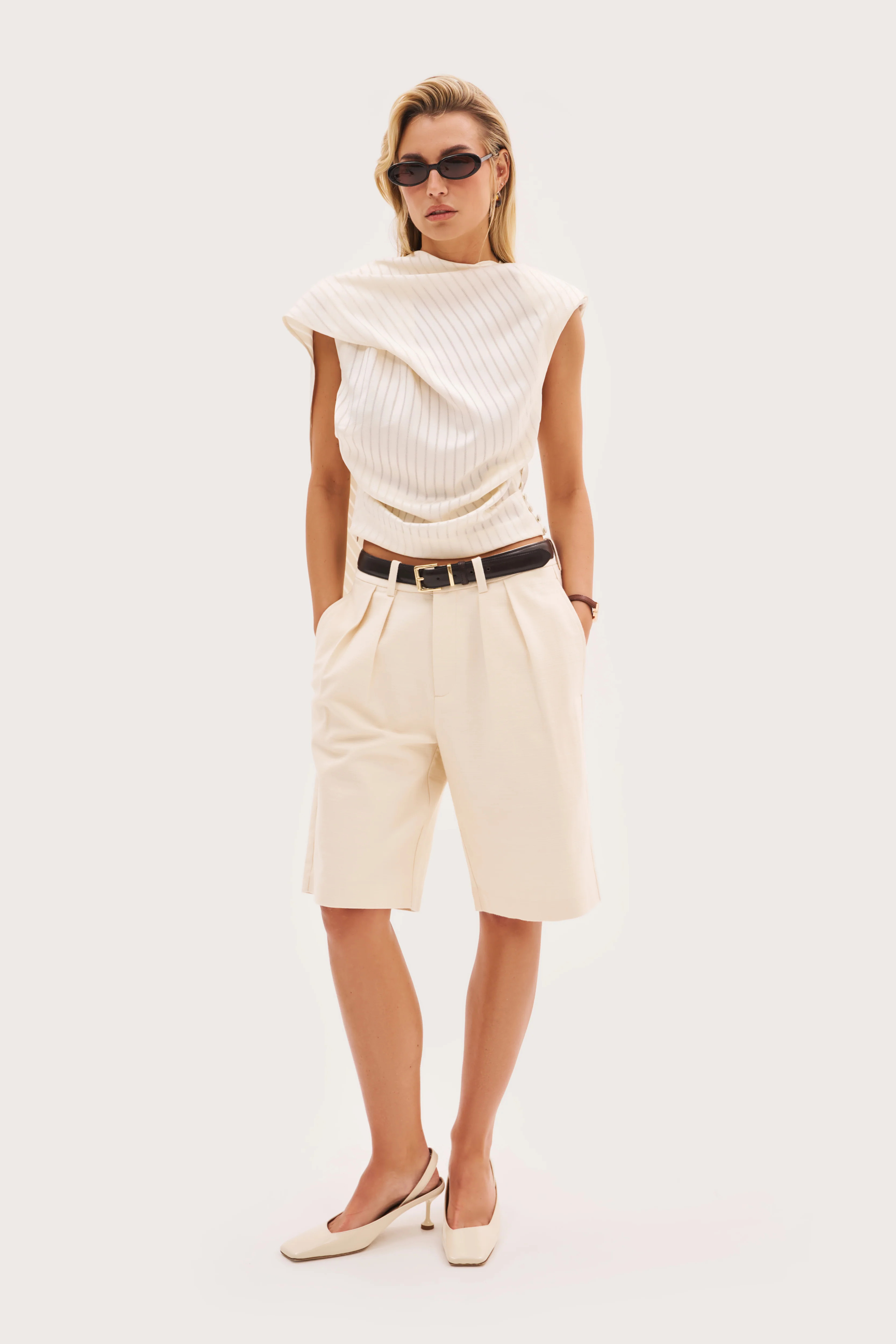 Maebe Tailored Longline Shorts - Beige | Maebe UK