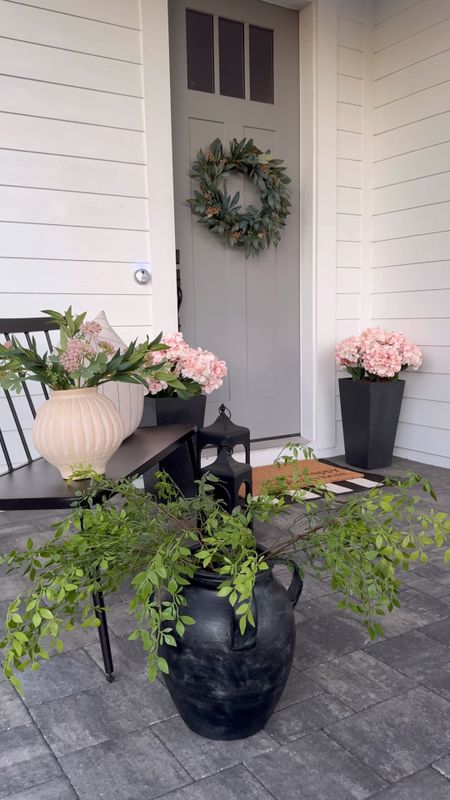 Shop my spring inspired front porch 
- wreath 
-doormats 
- faux hydrangeas 
- outdoor bench 
- vases 
- faux florals + stems 