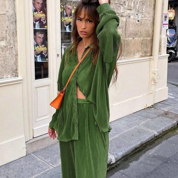 Silky Plisse Pleated Suit Set Satin Crinkle Shirt Pant Suit | Etsy | Etsy (US)