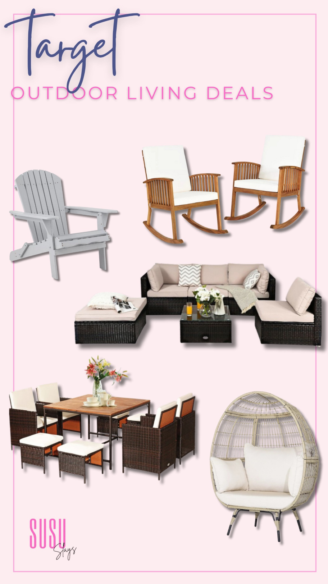 Amazing deals on outdoor living products at Target! Crazy good deals on patio furniture. 

Adirondack chair, rocking patio chair, outdoor dining table set, rattan egg chair, patio furniture set

#LTKhome #LTKxTarget #LTKGiftGuide