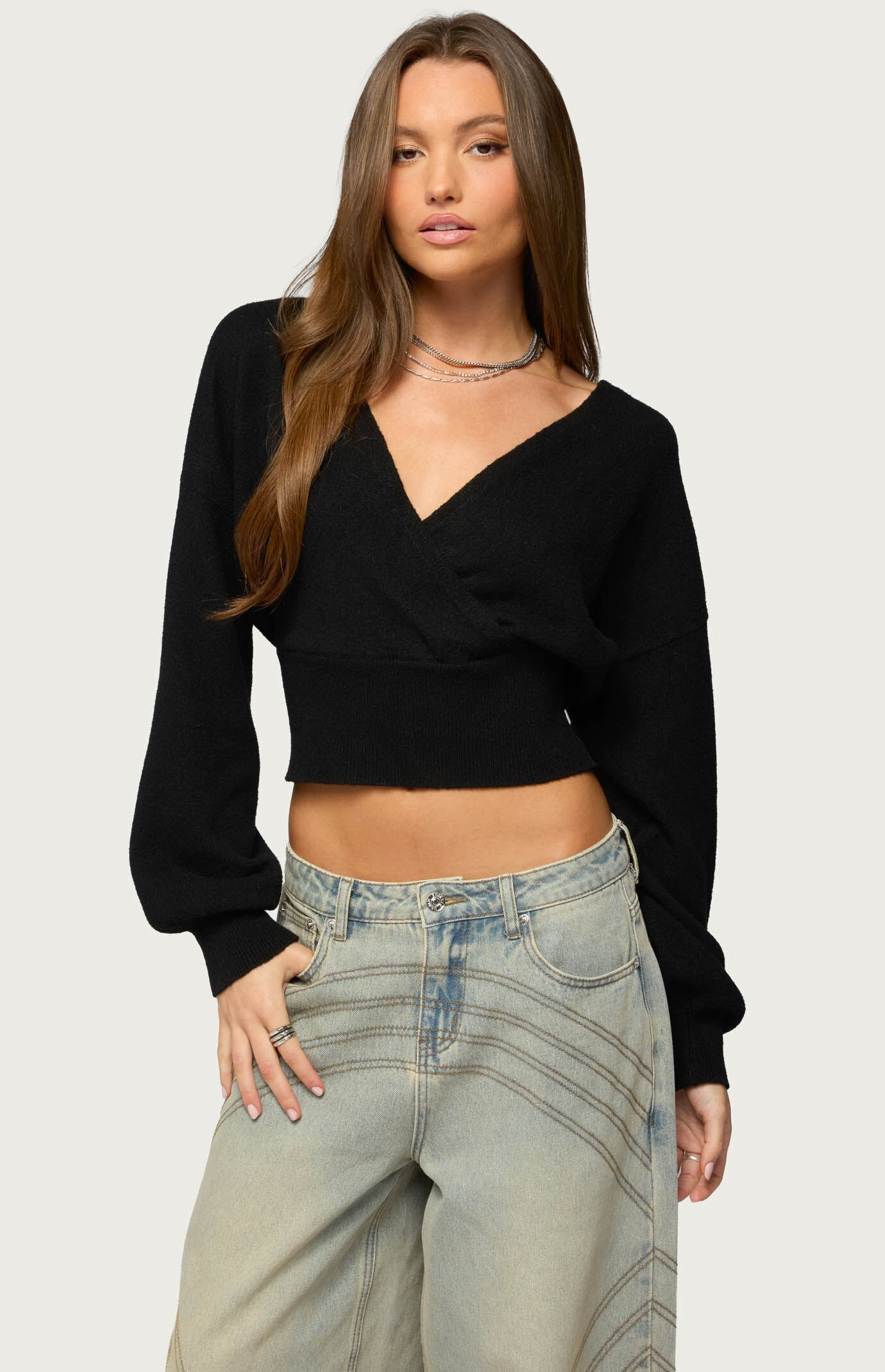 Edikted Women's Lillia V Neck Wrap Sweater in Black - Size XL | PacSun