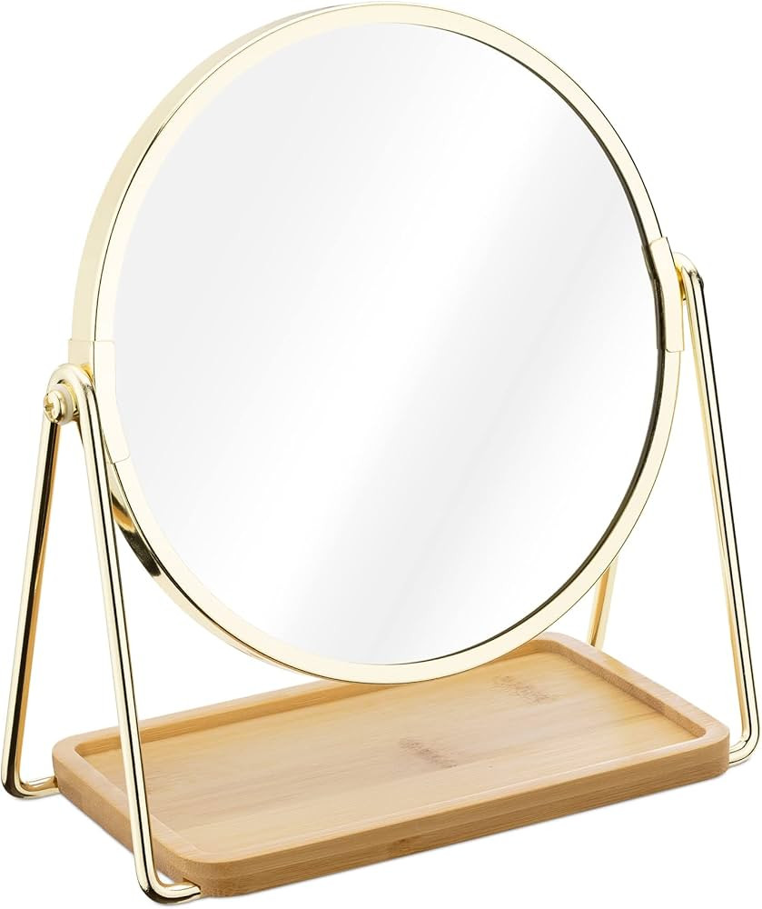 Navaris Tabletop Mirror with Tray - Double-Sided 1x/2x Magnifying Makeup Mirror with Bamboo Base ... | Amazon (UK)