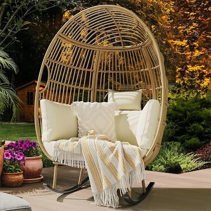 YITAHOME Outdoor Rocking Egg Chair, Wicker Patio Rocking Basket Chair with 370lbs Capacity, All-W... | Amazon (US)