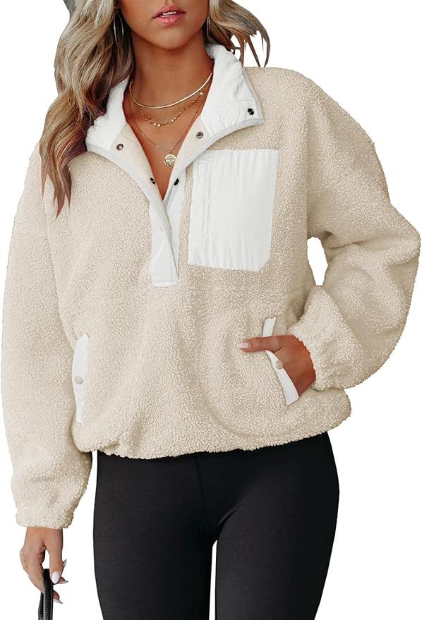 Women's Fleece Sherpa Jacket Casual Soft Long Sleeve Winter Sweatshirts with Pockets | Amazon (US)