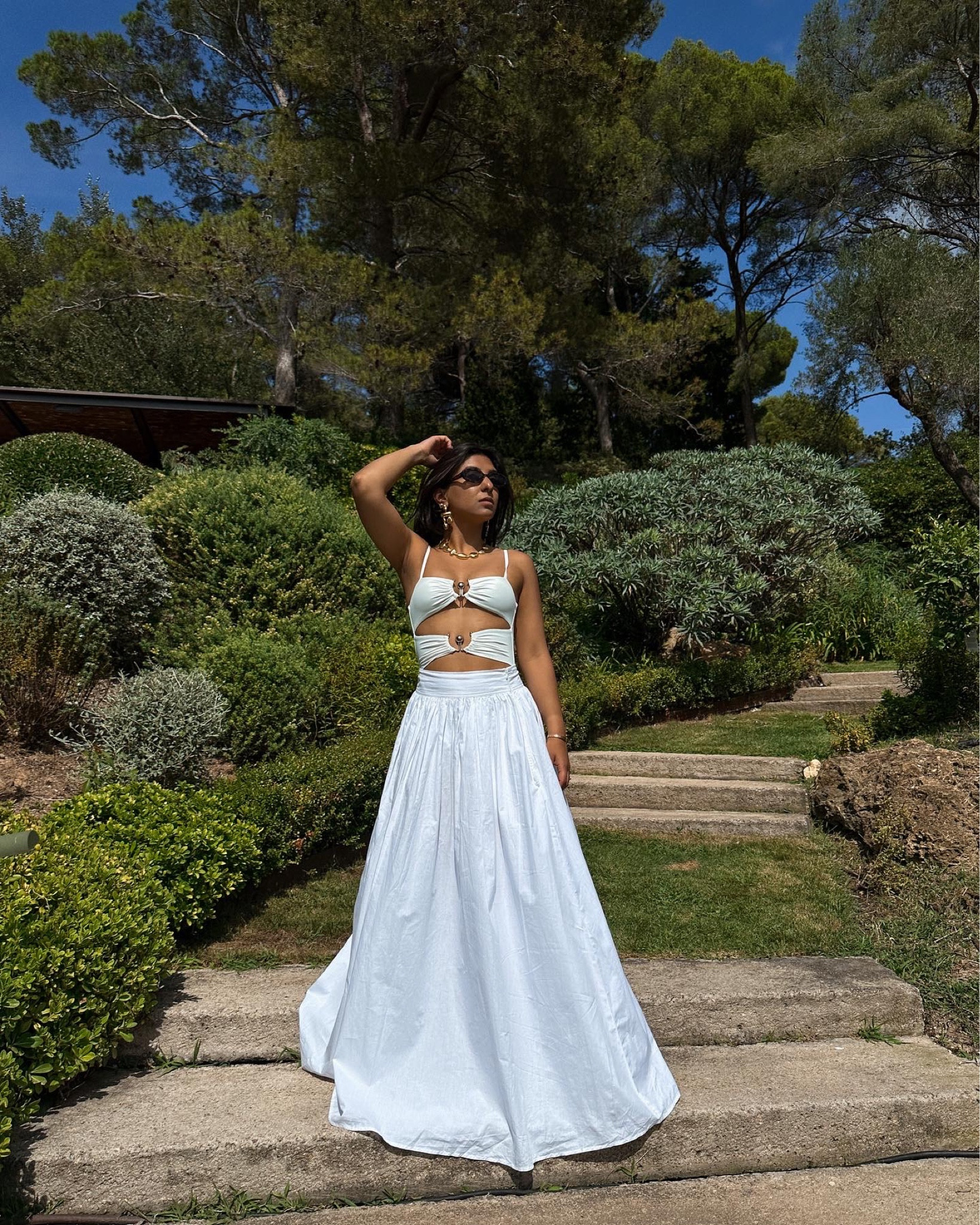 Holiday outfit, summer outfit, white swimsuit, cut out swimsuit, maxi skirt, pleated skirt, full skirt, oval sunglasses, tortoiseshell sunglasses, Christopher Esber, Hollister, Reformation, Uncle Studios, & Other Stories, Missoma

#LTKstyletip #LTKSeasonal #LTKeurope