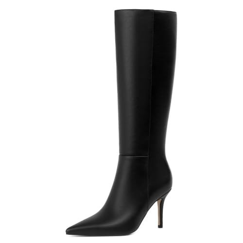 Easyfox Womens Knee High Boots Stiletto Heel Leather Tall Boots, Black, 11 | Amazon (US)