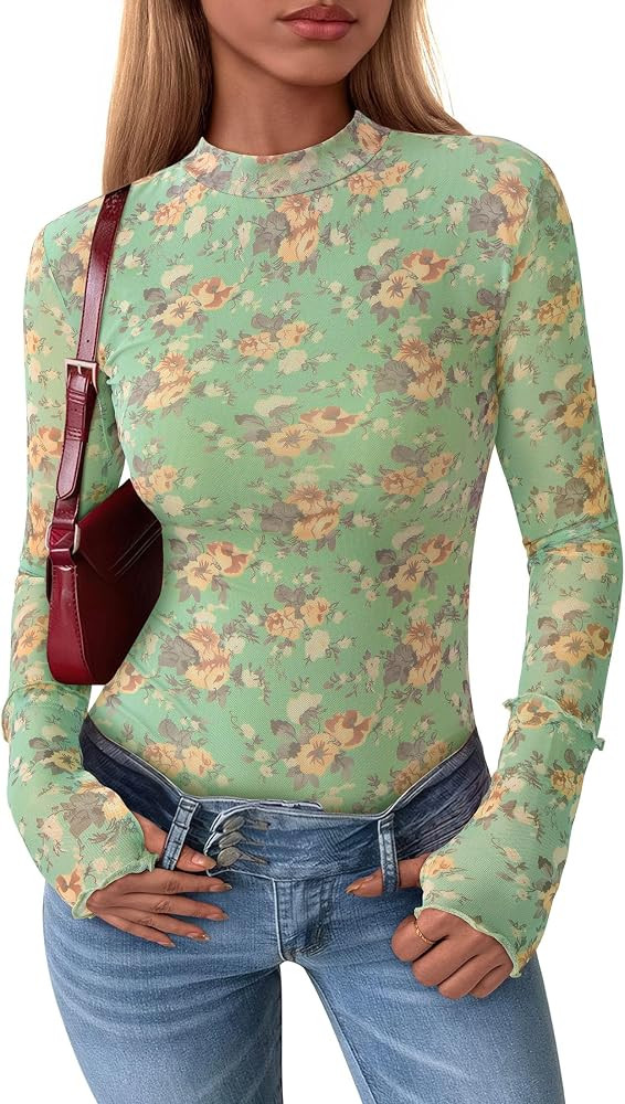 PRETTYGARDEN Women's Long Sleeve Going Out Tops 2026 Spring Y2K Clothes Mesh Floral Fitted Shirts... | Amazon (US)