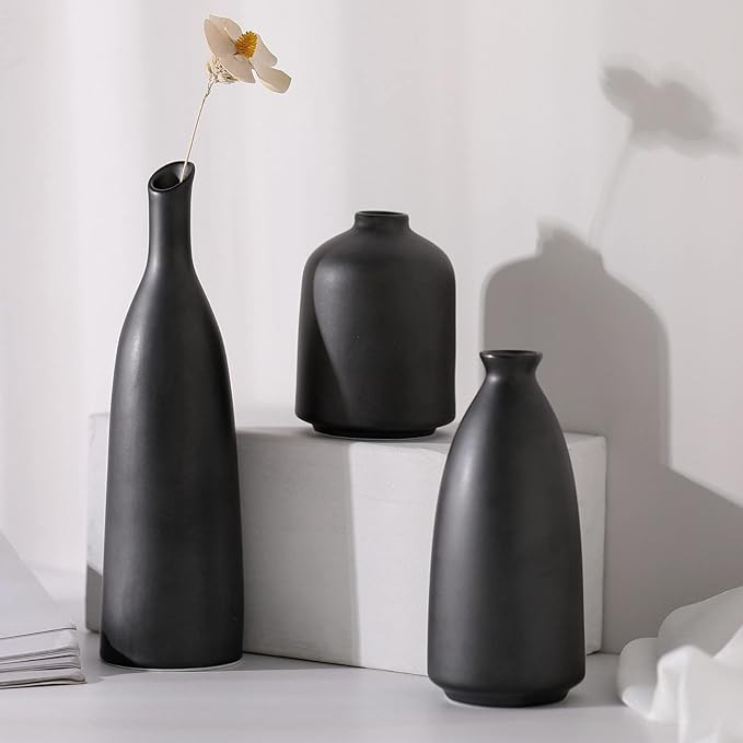 Grey Black Vases for Decor, Small Flower Ceramic Vase Set - 3 for Modern Rustic Farmhouse, Decora... | Amazon (US)