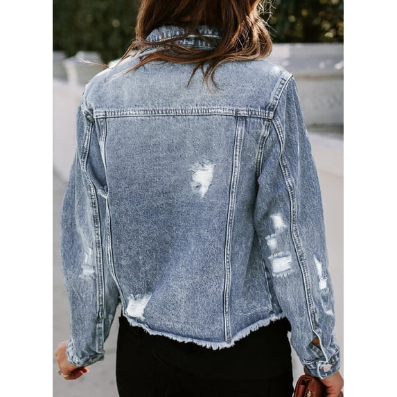 Eytino Jean Jacket for Women Long Sleeve Button Boyfriend Distressed Ripped Denim Jacket Coat wit... | Walmart (US)