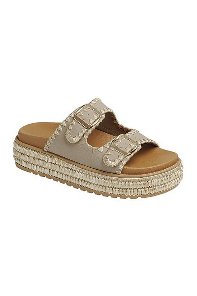 Raffia Stitch Detail Two Strap Buckle Wedge Espadrille Sandals-Taupe | Fashion Junkee