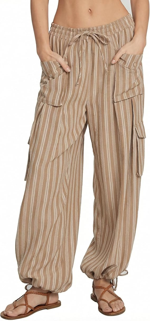 Women's Casual Wide Leg Palazzo Pants High Waisted Striped Flowy Loose Summer Lounge Cargo Trouse... | Amazon (US)