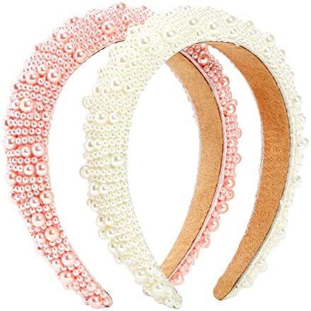 2 Pack Crystal Headbands for Women, Padded Pearl Headband (Light Pink, White) | Amazon (US)
