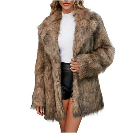 IROINNID Faux Fur Coat for Women Ladies Warm Faux-fur Thermal Coat Winter Solid Long Sleeve Oversize Elegant Outerwear,Brown | Walmart (US)