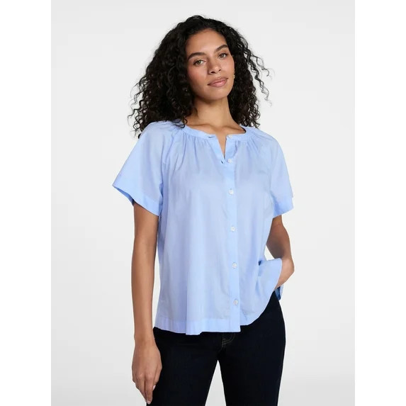 Time and Tru Women's Cotton Button Up Blouse with Short Sleeves, Sizes XS-XXXL | Walmart (US)
