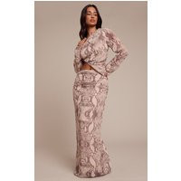 Petite Snake Print Ruched Maxi Skirt, Stone | PrettyLittleThing US