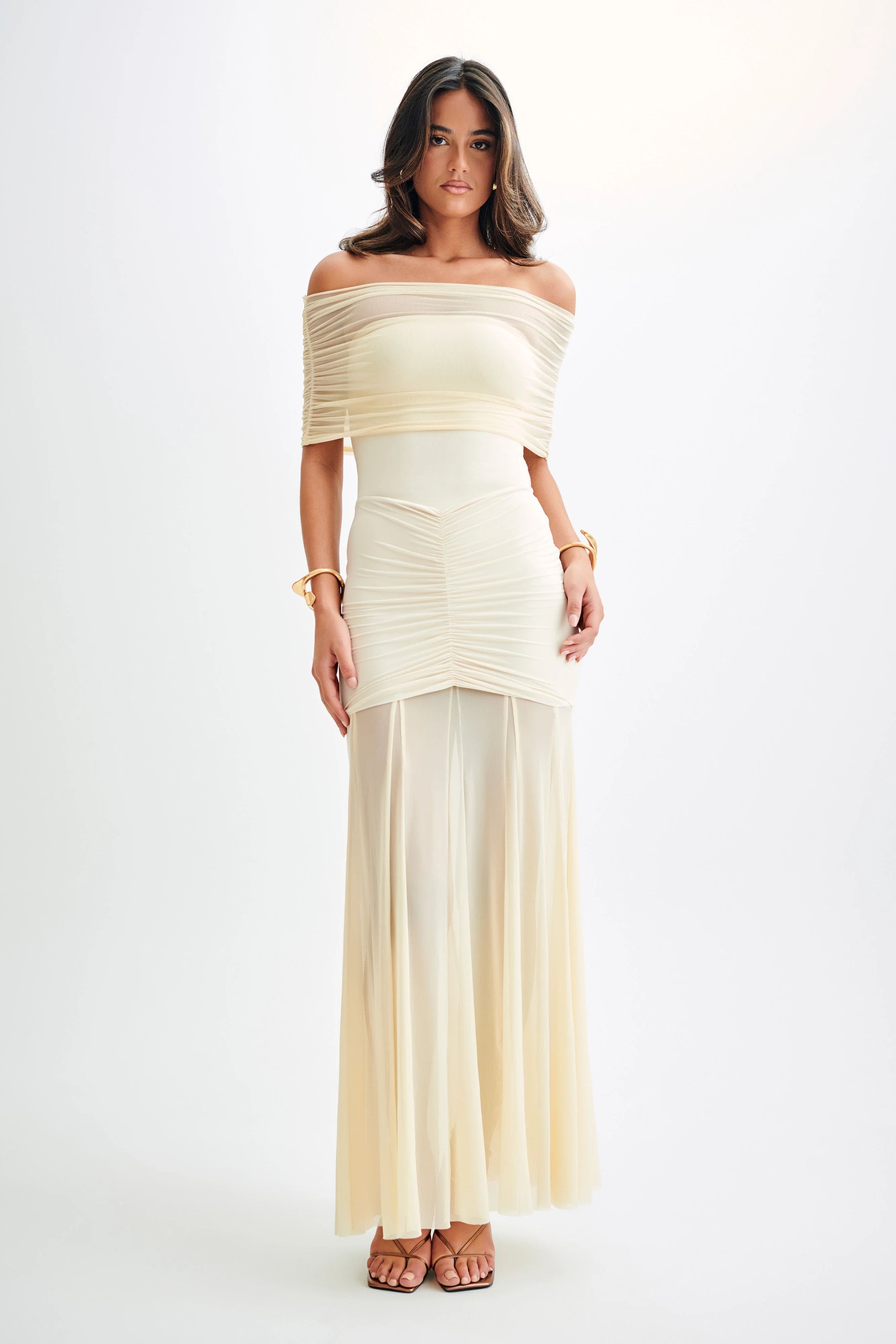 Caspian Slinky And Mesh Off Shoulder Maxi Dress - Ivory | MESHKI US