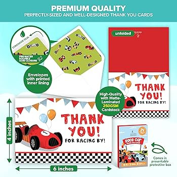 Decorably 24 Pack 6x4in Race Car Thank You Cards with Envelopes and Stickers, 8 Adorable Car-Them... | Amazon (US)