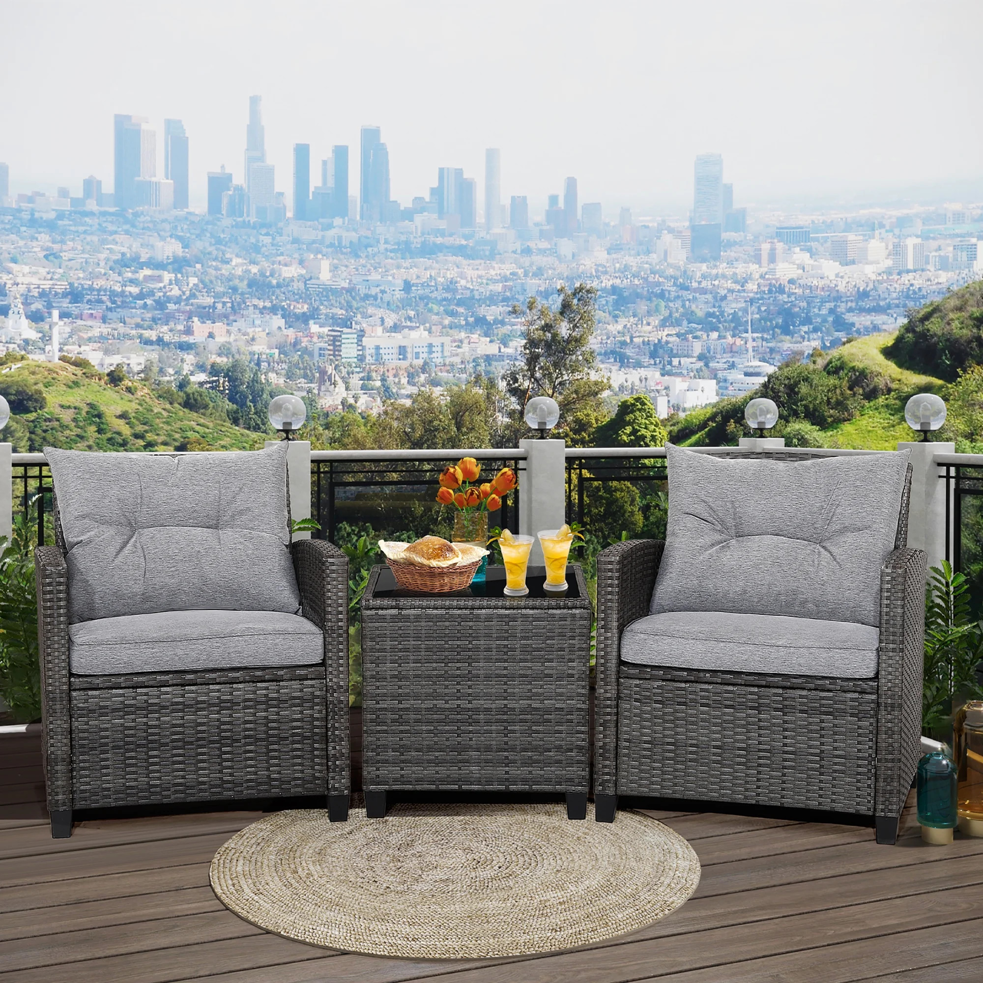 Gymax 3PCS Patio Rattan Sofa Set Outdoor Wicker Conversation Set Glass Tabletop w/ Grey Cushion | Walmart (CA)