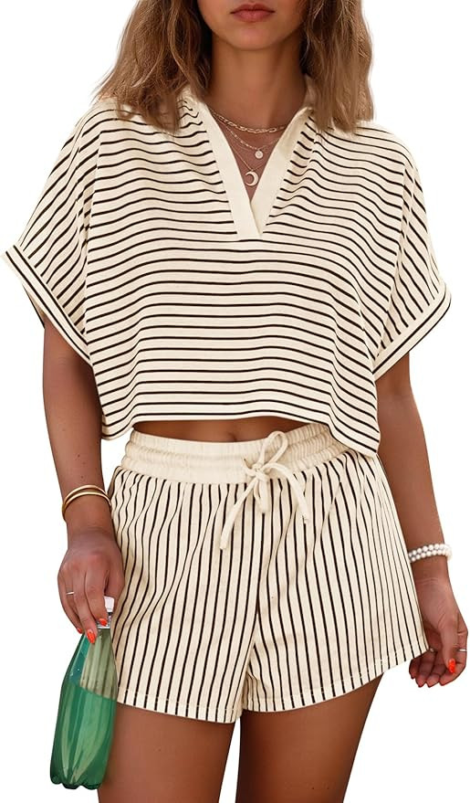 Cicy Bell Womens Striped 2 Piece Short Sets Summer Short Sleeve Collared V Neck Cropped Tops Vaca... | Amazon (US)