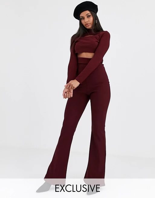 Missguided two-piece ribbed flare pants in brugundy | ASOS US