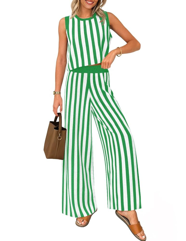 ZESICA Women's Summer Two Piece Outfits Crop Tank Tops and Wide Leg Pants Striped Lounge Travel S... | Amazon (US)