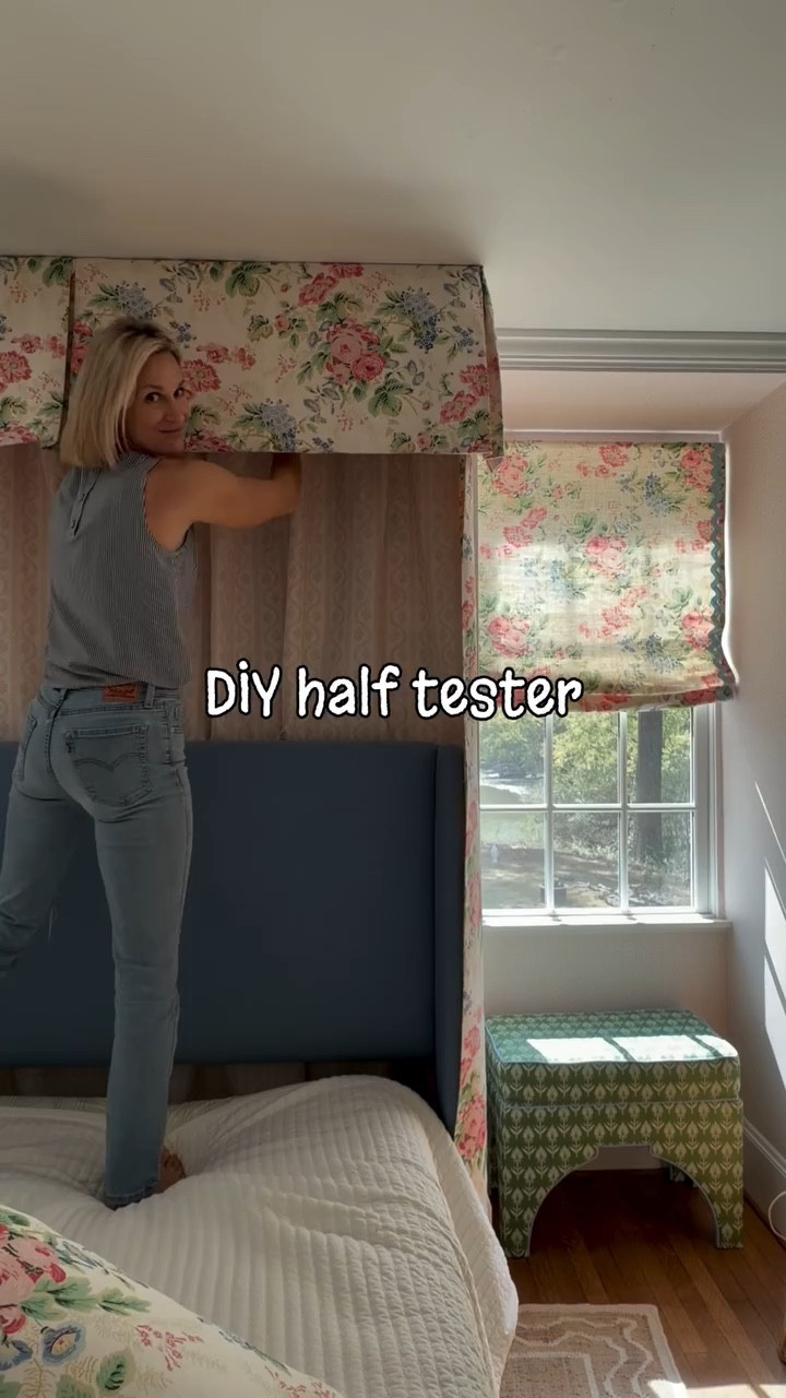 DIY a half tester canopy! I was, admittedly, intimidated to try this project. So I took it in steps: first I figured out how to get the curtains lining the back, with Velcro. Then I sewed a simple hem with lining for the valance, and stapled it on another 2x4. Yes, I did take it down three times to drop the length a bit longer, but I’m glad I did. It was far too short the first time. The I stapled simple curtains to the side, and that’s it! The”magic” length for my 8’ tall ceilings was 16”. What other questions do you have? Would you try this?

#grandmillennialdecor #traditionalhome #diyhomedecor