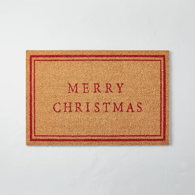 23" x 35" Merry Christmas Bordered Coir Doormat Tan/Red - Hearth & Hand™ with M... | Target
