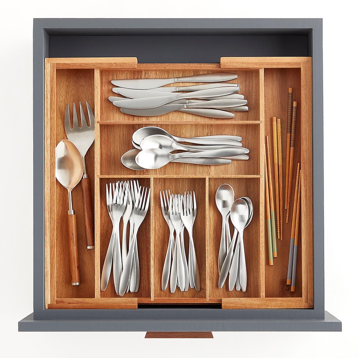 Expandable Acacia Silverware Tray | The Container Store