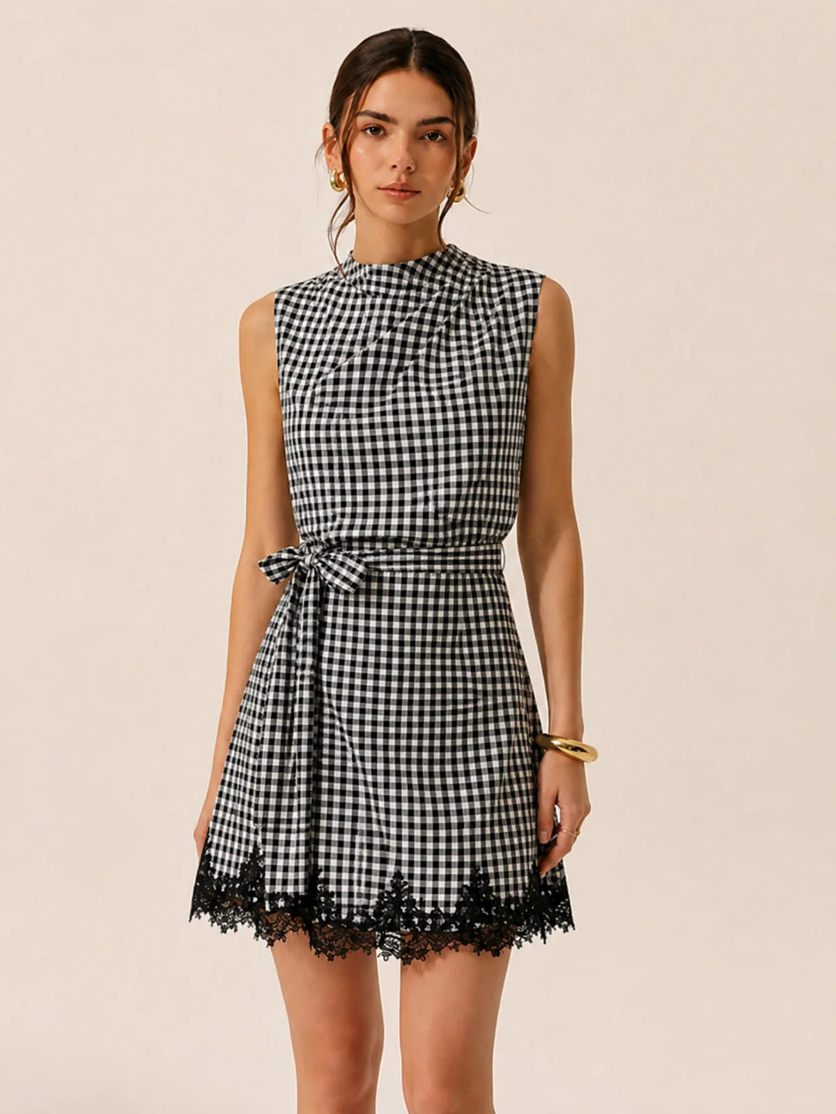 Gingham Tie-Waist Lace Trim Mini Dress | Commense